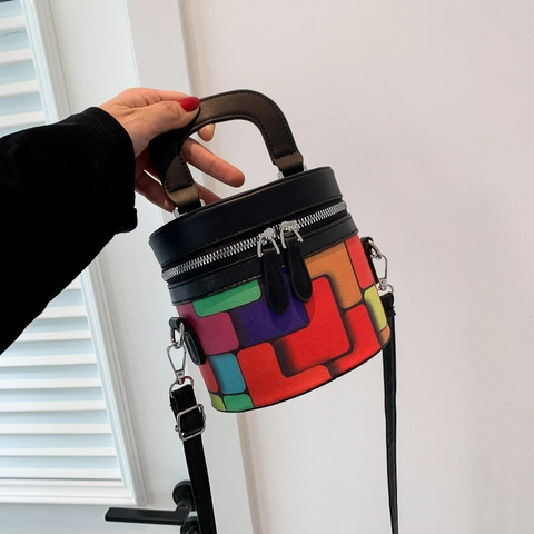 Borsa A Secchiello Cilindrica Con Quadri Geometrici Colorati Per Donna Borsa A Mano In Pelle PU Con Tracolla Rimovibile