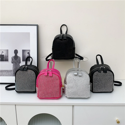 Damen Mode Mini Strass Rucksack Glänzender Diamant Kleiner Schultertasche Glitzerndes PU Leder Street Style Eimer Geldbörse Für Damen