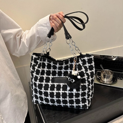 Bolso Tote de Lana a Cuadros para Mujer Gran Capacidad Bolso de Hombro Con Cadena Color de Contraste Bolso Cubo Casual