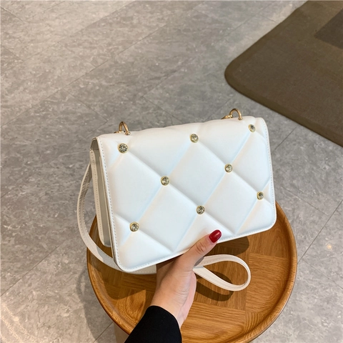 Women Quilted Rhombus Square Shoulder Bag PU Leather Rivet Studded Crossbody Handbag Solid Color Elegant Fashion