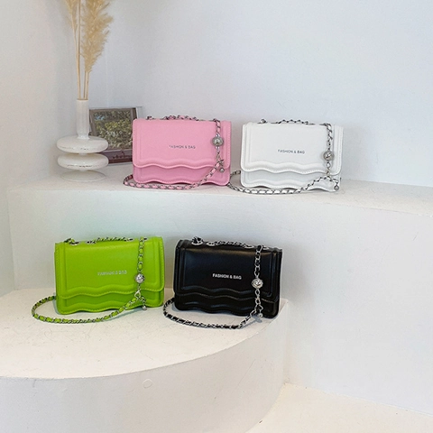 Women's PU Leather Small Square Bag With Scalloped Edge Flap Metal Chain Strap And Metal Ball Charm Crossbody Shoulder Bag