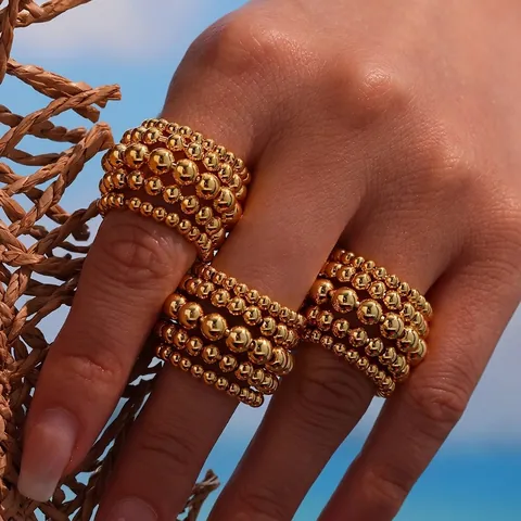 Multi Layer Ball Bead Ring Stainless Steel Open Adjustable Chunky Finger Ring Fashion Punk Jewelry For Women