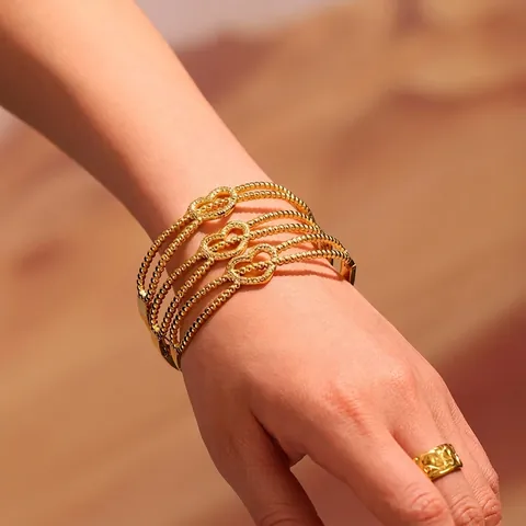 Stainless Steel Heart Bangle Bracelet Layered Beaded Chain Fashion Jewelry Hollow Love Charm Cuff For Women