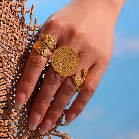 Anello In Acciaio Inossidabile Texture Foglia Filo Spirale Aperto Regolabile Gioielli Retro Boho Per Donna