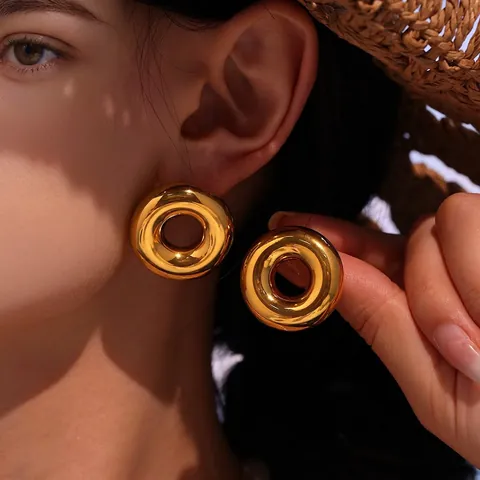 Chunky Donut Hoop Oorbellen Gepolijst Roestvrij Staal Minimalistische Holle Ronde Studs Dames