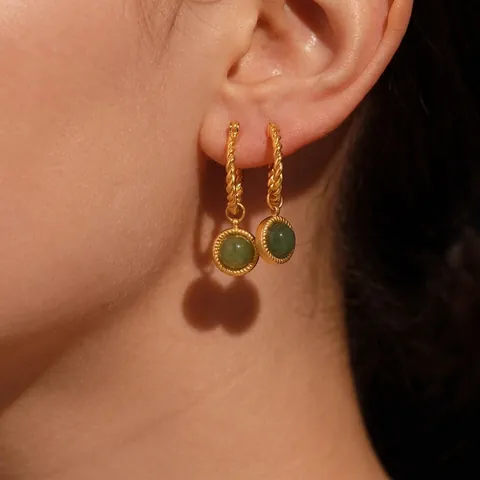 Orecchini Pendenti In Agata Verde Acciaio Inossidabile Placcato Oro 18K Cerchi Intrecciati Gioielli Retro Eleganti Donna