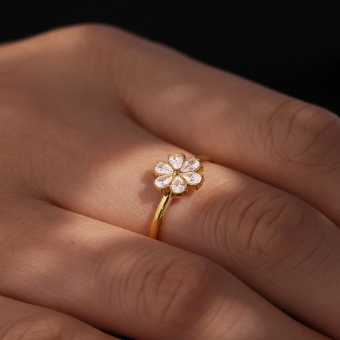 Anello Aperto Fiore Zircone Acciaio Inossidabile Petalo Goccia Acqua Regolabile Gioielli Moda Delicati Per Donne