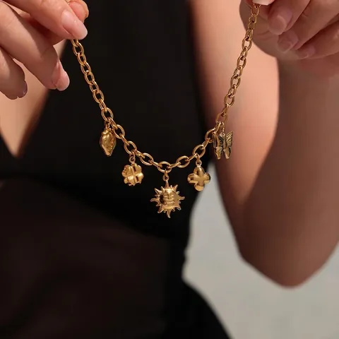 Vergoldetes Edelstahl Charm Armband Mit Sonnen Schmetterlings Und Erdbeer Anhängern Für Damen Sommer Strand Mode Schmuck