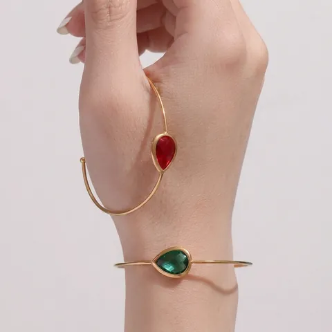 Minimalistischer Wassertropfen Birnenförmiger Tschechischer Glas Offener Armreif Edelstahl 18k Vergoldet Verstellbar Schmuck