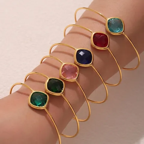 Minimalist Stainless Steel Open Bangle Bracelet With Square Cut Czech Glass Gemstone For Women Adjustable Jewelry