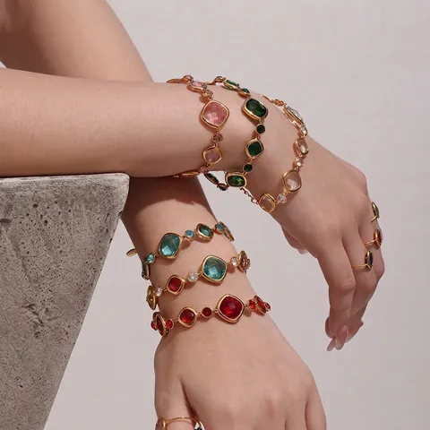 Fashion Colorful Czech Glass Bracelet For Women Stainless Steel Zircon Square Stone Luxury Jewelry Adjustable