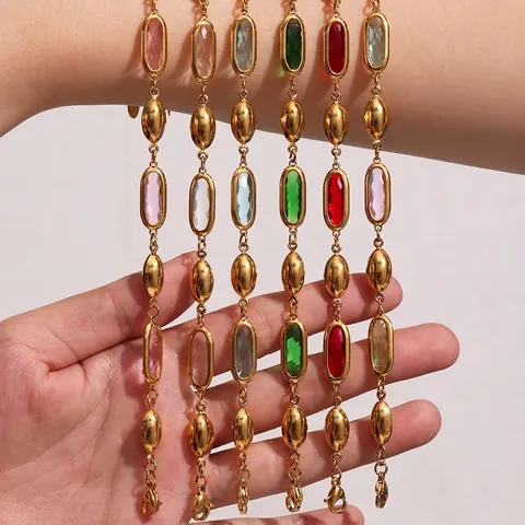 Oval Colorful Czech Glass Stone Bracelet Stainless Steel Gold Plated Chain Elegant Fashion Jewelry For Women