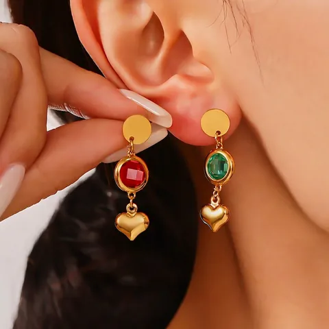 Vintage Herz Hängeohrringe Edelstahl 18K Vergoldet Mit Bunten Tschechischen Glassteinen Für Damen Schmuck