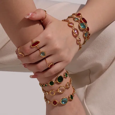 Gold Plated Stainless Steel Chain Bracelet With Round Faceted Multi Color Czech Glass Stones Vintage Jewelry For Women