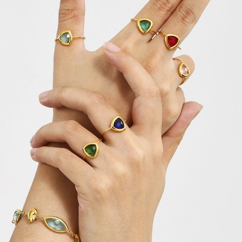 Minimalist 18K Gold Plated Stainless Steel Triangle Czech Glass Open Adjustable Ring Geometric Fashion Jewelry For Women