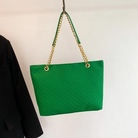 Women Large Tote Bag Woven Texture PU Leather Geometric Pattern Golden Chain Shoulder Strap Elegant Commute Fashion