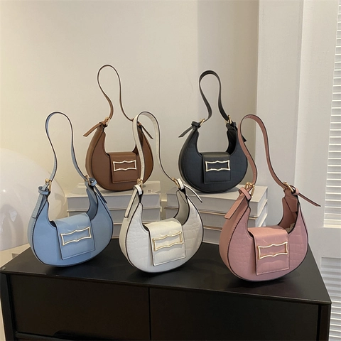 Sac À Épaule Femme Motif Crocodile Cuir PU Sac Sous Les Aisselles Boucle Dorée Croissant Demi Lune Rétro Mode Française