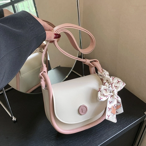 Bolso de Hombro para Mujer de Cuero PU Retro Color de Contraste Lazo de Cinta Bolso de Bandolera Pequeño Minimalista Bolso de Sillín Diario
