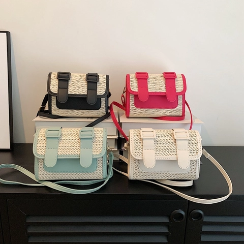 Women Retro Straw Woven Messenger Bag Casual Small Square Crossbody Bag Splicing PU Leather Flap Shoulder Handbag For Vacation