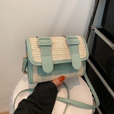 Women Retro Straw Woven Messenger Bag Casual Small Square Crossbody Bag Splicing PU Leather Flap Shoulder Handbag For Vacation