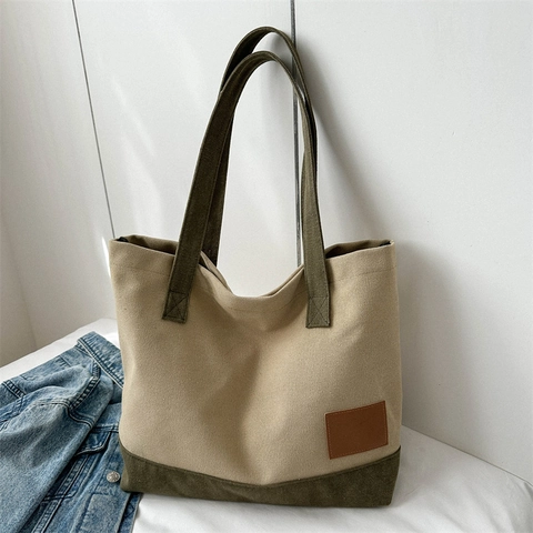 Bolso de Mano de Lona con Bloques de Color Minimalista Gran Capacidad Bolso de Hombro Retro para Mujer Trabajo Diario Escuela