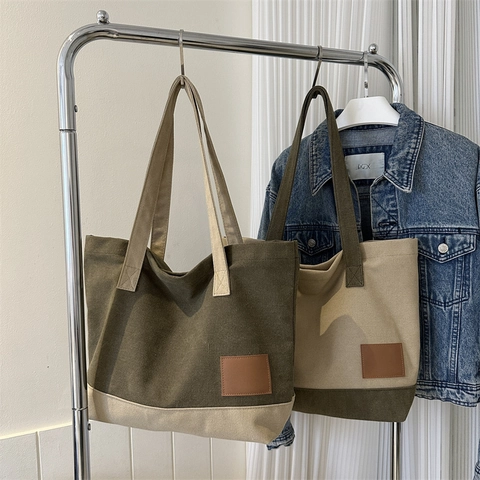 Bolso de Mano de Lona con Bloques de Color Minimalista Gran Capacidad Bolso de Hombro Retro para Mujer Trabajo Diario Escuela
