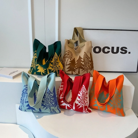 Große Stricktasche Aus Garn Für Damen Retro Kiefernmuster Gewebte Umhängetasche Lässige Winter Handtasche