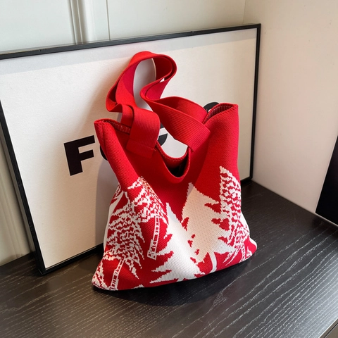 Große Stricktasche Aus Garn Für Damen Retro Kiefernmuster Gewebte Umhängetasche Lässige Winter Handtasche