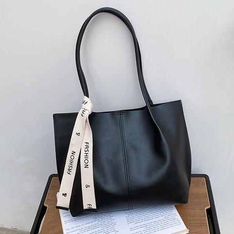 Grand Sac Fourre-Tout Pour Femmes En Cuir PU Sac À Épaule Avec Décoration De Ruban Rétro Commuter Sac À Main Dame