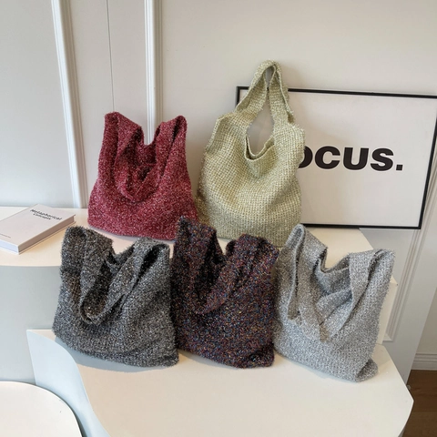Damen Strick Tote Bag Metallic Glitzer Garn Umhängetasche Große Lässige Gewebte Handtasche Für Herbst Winter Täglich