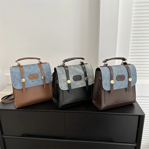 Damen Retro Kontrast PU Leder Denim Patchwork Kleiner Rucksack Handtasche Lässige Quadratische Schultasche Reise Umhängetasche
