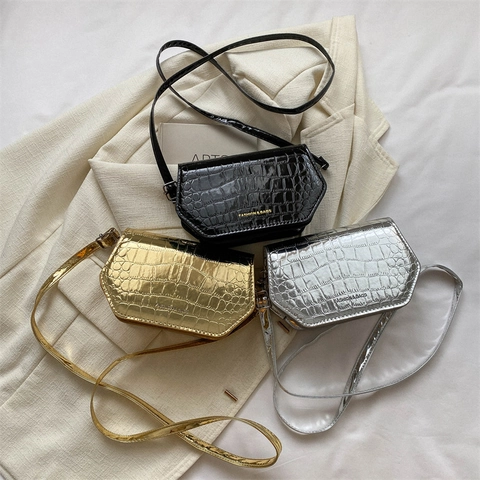 Sac À Bandoulière Pour Femmes Motif Crocodile Cuir PU Verni Géométrique Petit Carré Métallique Tendance Imprimé