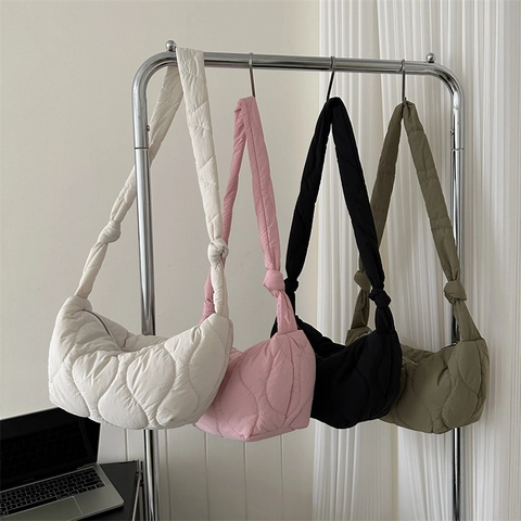 Borsa a Spalla Puffer Trapuntata da Donna in Tessuto Oxford Leggera Borsa Hobo a Tracolla Grande Capacità con Nodo Casual
