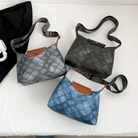 Borsa A Tracolla In Pelle PU Con Motivo A Rombi Retrò E Tracolla Larga In Tessuto Stile Etnico Per Donna