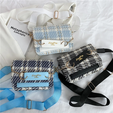 Borsa a Tracolla Donna in Tweed a Quadretti Piccola Borsa a Spalla Quadrata Catena d'Oro Tracolla Larga Casual Elegante