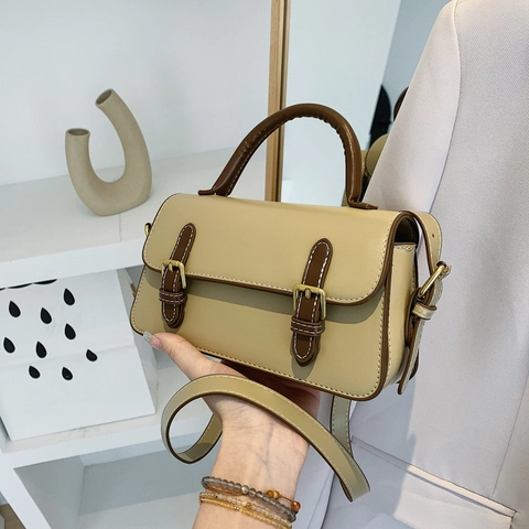 Bolso de Hombro de Cuero PU Vintage para Mujer Bolso de Bandolera Retro en Bloques de Color Pequeño Bolso Cuadrado Con Asa y Correa Ajustable