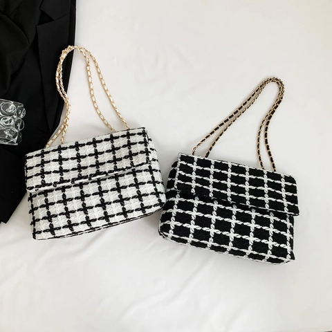 Bolso De Hombro De Tweed A Cuadros Para Mujer Vintage Elegante Correa De Cadena Solapa Bandolera Negro Blanco
