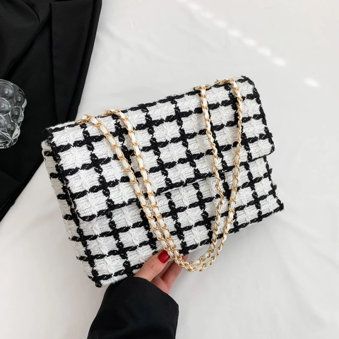 Bolso De Hombro De Tweed A Cuadros Para Mujer Vintage Elegante Correa De Cadena Solapa Bandolera Negro Blanco