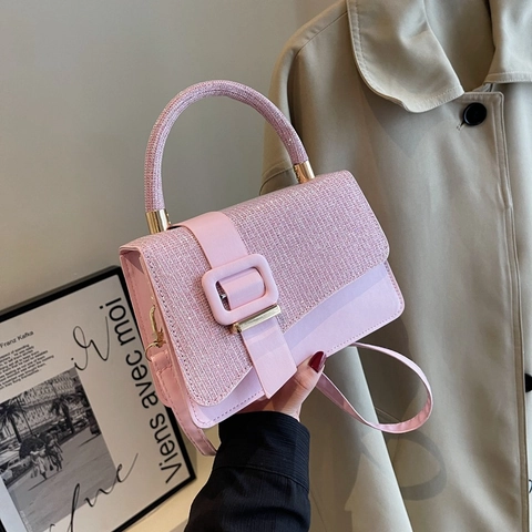 Women Fashion PU Leather Sequins Small Square Bag Glitter Crossbody Shoulder Bag Elegant Top Handle Bag With Square Buckle