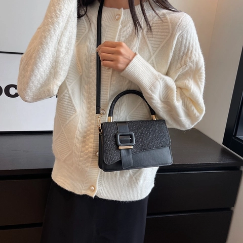 Vintage Glitzer PU Leder Kleine Quadratische Tasche Damen Fashion Umhängetasche Schulter Handtasche Große Schnalle Elegant Pendlertasche
