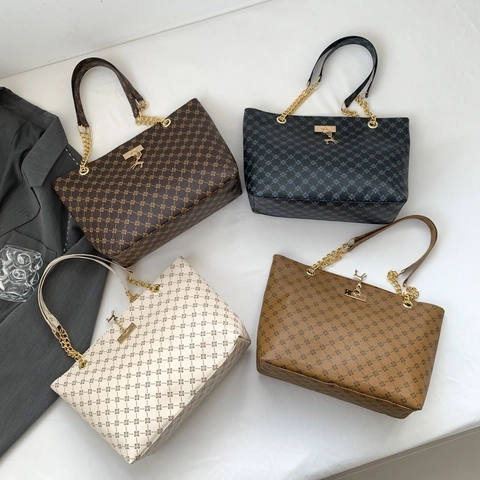 Large Capacity Tote Bag For Women PU Leather Monogram Shoulder Bag Commuter Handbag With Chain Strap And Deer Pendant