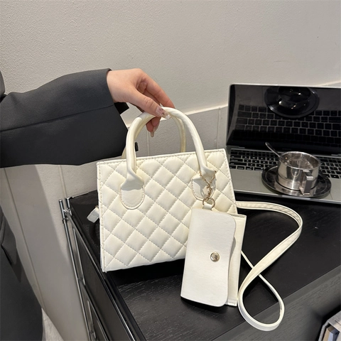 Women Quilted PU Leather Handbag With Mini Pouch Chic Rhombic Pattern Shoulder Crossbody Bag For Office Work