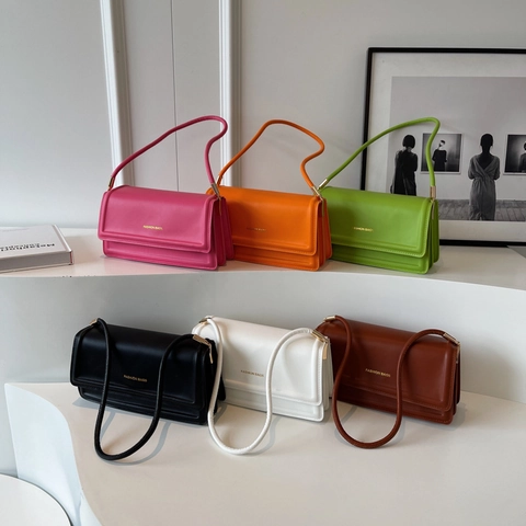 Women PU Leather Underarm Bag Small Square Shoulder Baguette Bag Solid Color Flap Closure Minimalist Urban Trendy Handbag