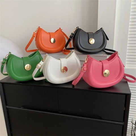 Womens Crescent Shoulder Bag Minimalist PU Leather Underarm Saddle Crossbody With Golden Round Buckle Trendy