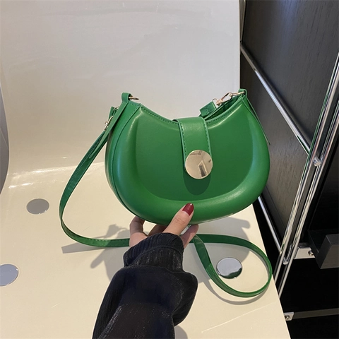 Womens Crescent Shoulder Bag Minimalist PU Leather Underarm Saddle Crossbody With Golden Round Buckle Trendy