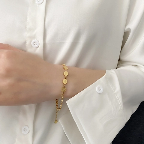 Titanium Steel Bracelet With Chinese Characters Peace And Joy Round Pendants Gold Plated Minimalist Jewelry For Women