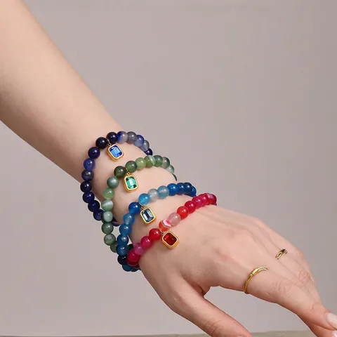 Bracciale In Perle Di Agata Naturale Per Donna Elegante Ciondolo Rettangolare In Pietra Acciaio Inossidabile Elastico