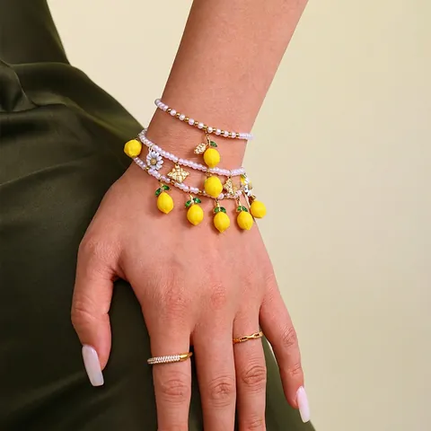 Summer Lemon Fruit Beaded Bracelet Stainless Steel Shell Artificial Pearl Bee Daisy Charm Jewelry Women