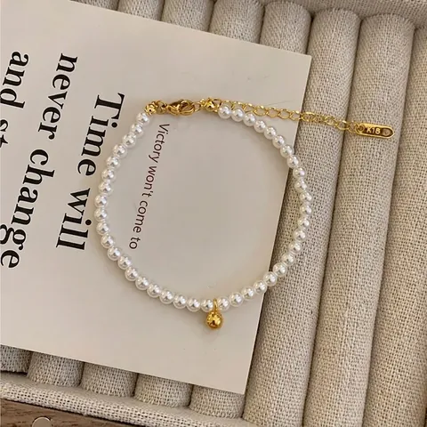 Elegant Artificial Pearl Bracelet With Gold Ball Pendant Titanium Steel Adjustable Jewelry For Women Niche Aesthetic Style