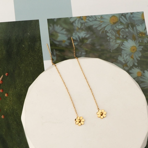 Pendientes De Cadena Larga Con Colgante De Flor De Margarita Minimalista Para Mujer Joyas Elegantes De Acero De Titanio Chapado En Oro